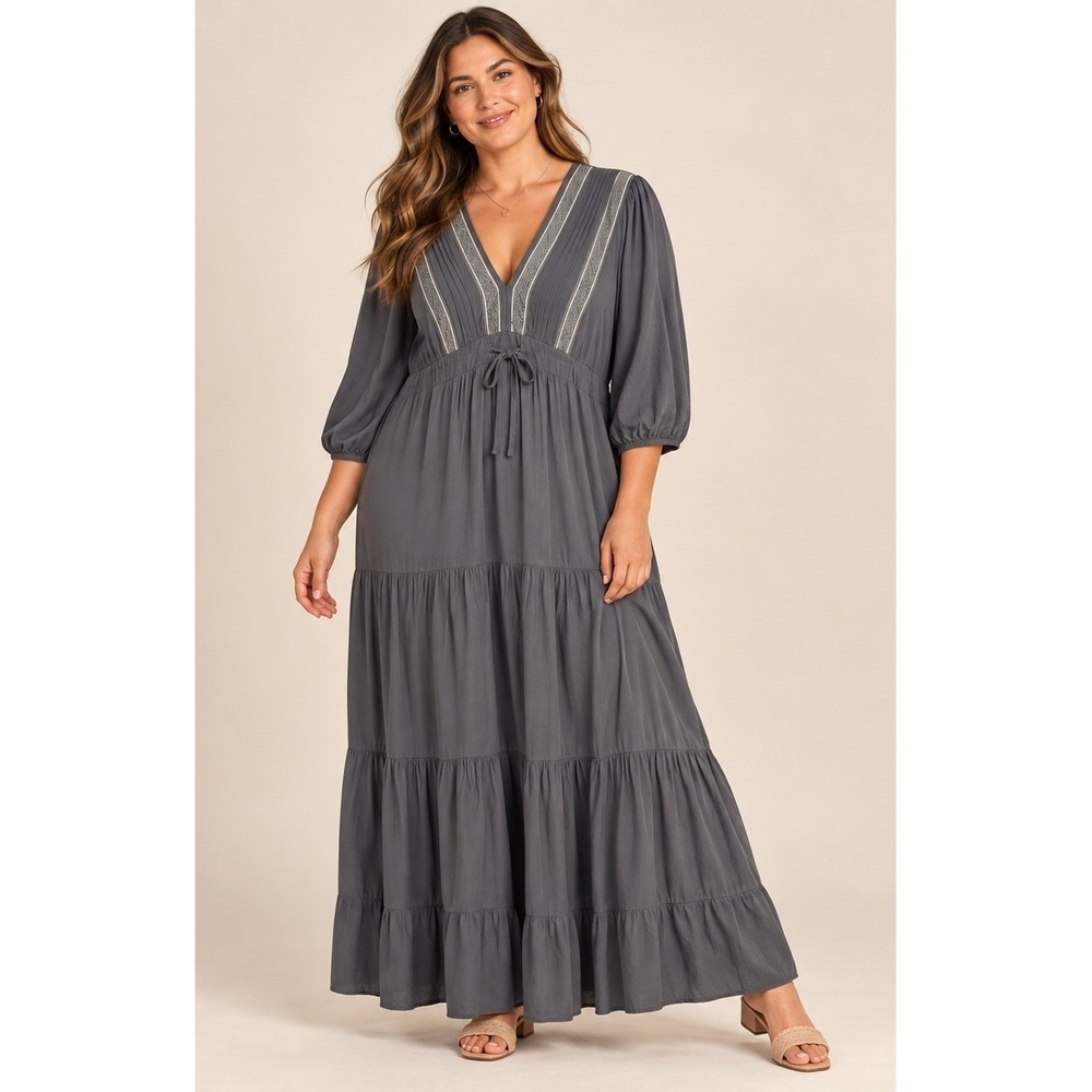 Baltic Born Maxi Dress Women XL Gray Embroidered Tiered Boho Cottagecorre